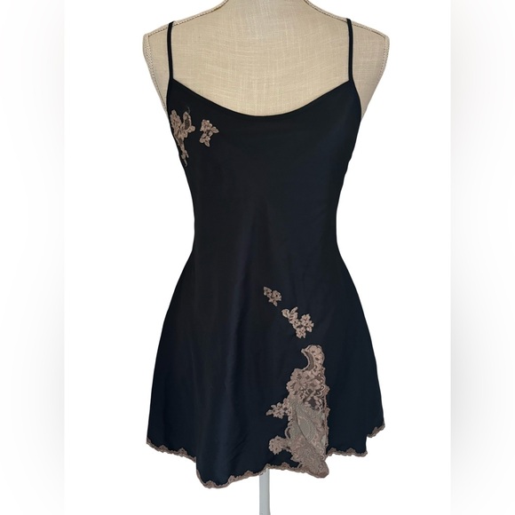 Y2k Victoria’s Secret Black Satin & Bronze Lace Slip Dress Chemise Sz Large - Picture 1 of 10